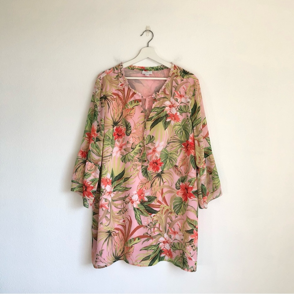J. Jill Pink Tropical Floral Bell Sleeve Tunic Blouse Top Size XL Resortwear